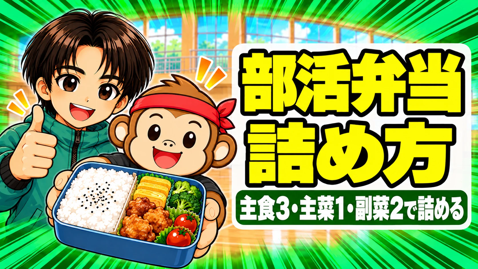 部活弁当の詰め方を紹介するアイキャッチ。サルくんがご飯・卵焼き・からあげ・ブロッコリー・ミニトマトを詰めた弁当箱を見せ、あげばがサムズアップしている