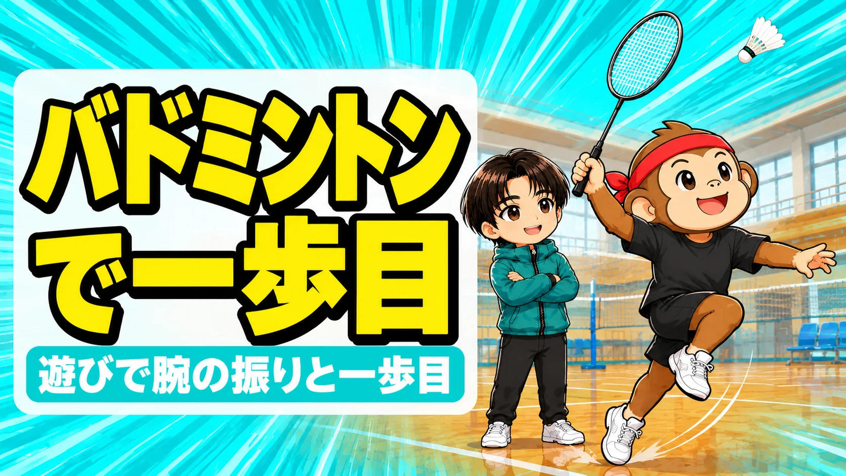 バレーにバドミントンは効果あるかを解説するアイキャッチ。サルくんがラケットを肘を高く上げて振り、あげばが見守る