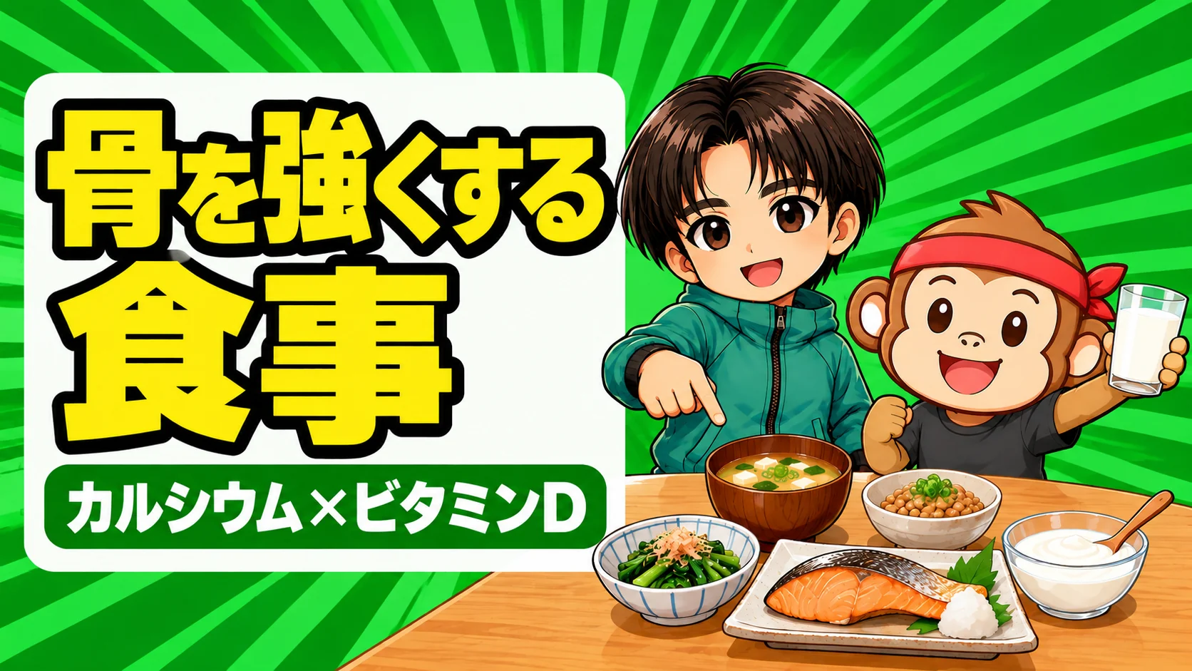 骨を強くする食事 カルシウムとビタミンDをとる食卓(鮭・小松菜・納豆・豆腐のみそ汁・ヨーグルト・牛乳)