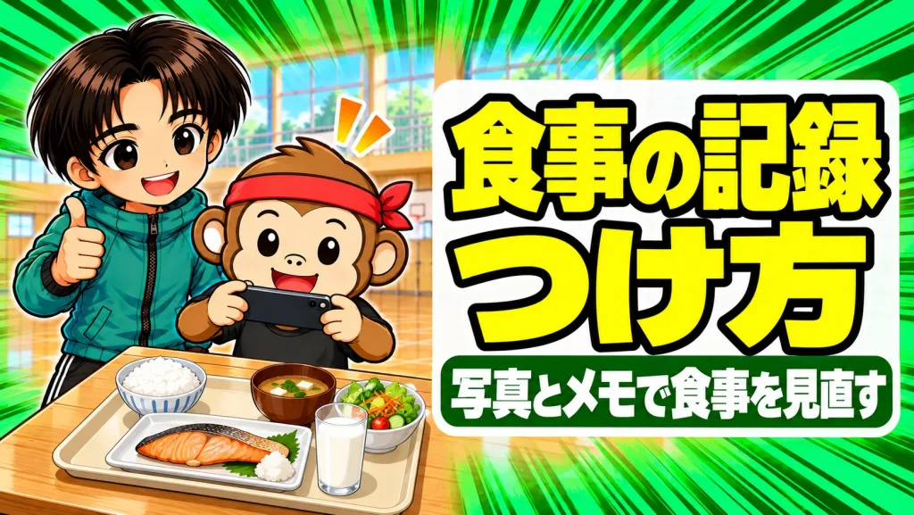 食事の記録のつけ方のアイキャッチ。サルくんがスマートフォンで食事トレーを撮影し、あげばが親指を立てて見守っている