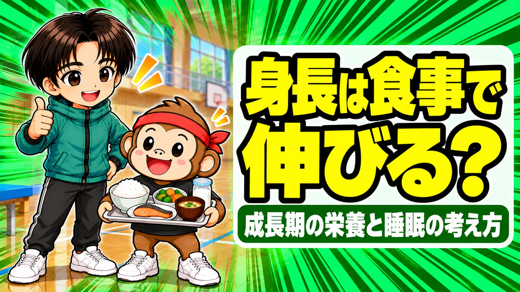 身長と食事の関係を表すアイキャッチ。ご飯・焼き魚・野菜・牛乳の食事トレーを持つサルくんと、親指を立てて見守るあげば
