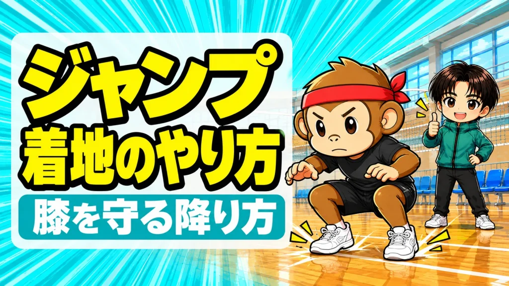ジャンプの着地のやり方を解説するアイキャッチ。両膝を曲げて両足で着地するサルくんと、サムズアップするあげば