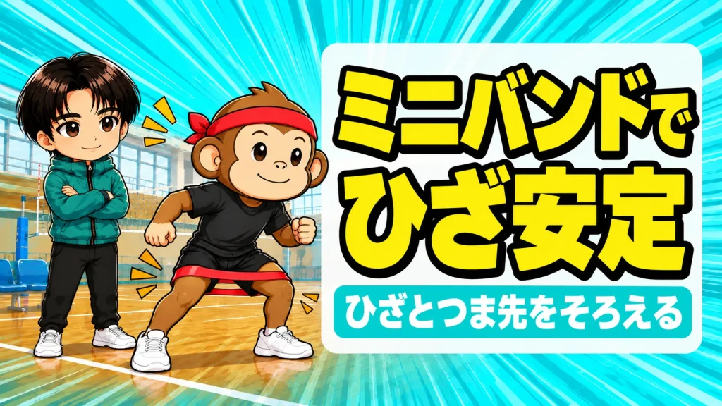 バレーのミニバンドの使い方｜ひざとつま先をそろえて横歩きするサルくんとあげば