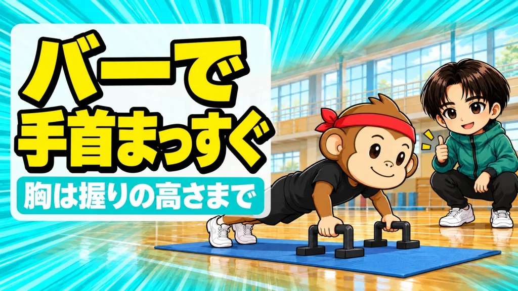 バレー選手がプッシュアップバーを握り手首をまっすぐにして腕立て伏せをするイラスト