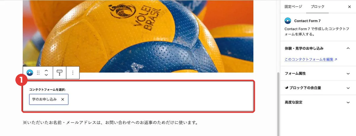 お問い合わせページにContact Form 7ブロックを置いた画面